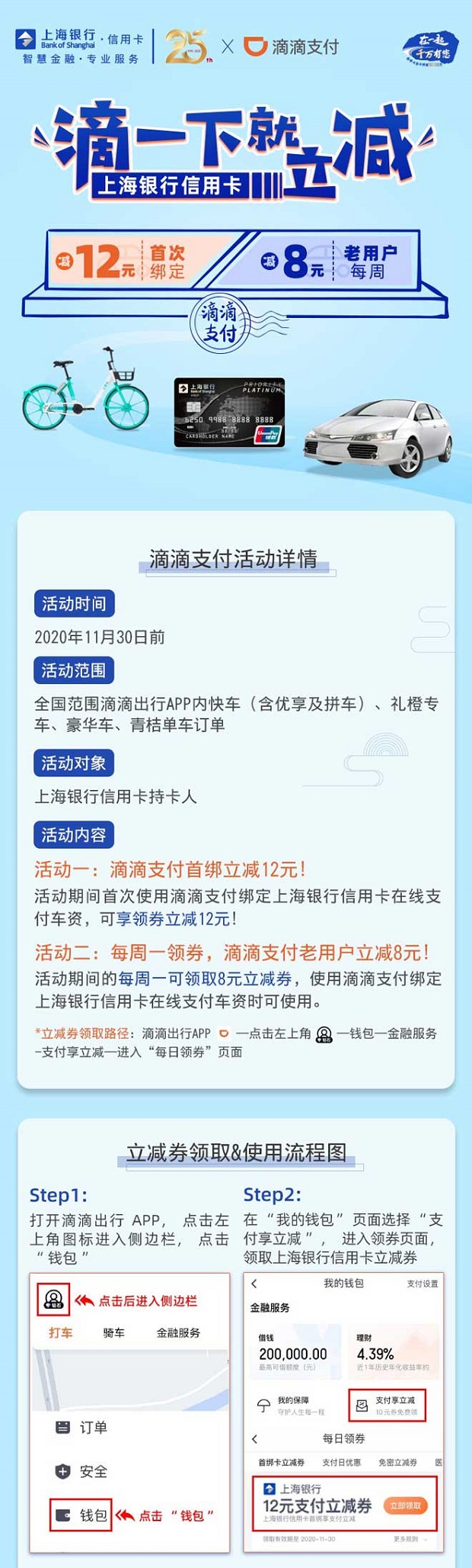 上海银行信用卡滴滴支付首绑减12元优惠